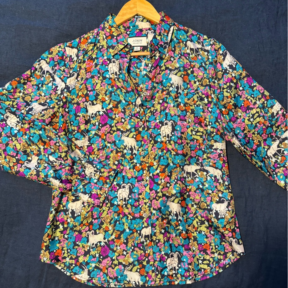 Silk J. Crew Collection shirt in dancing goats print size 6